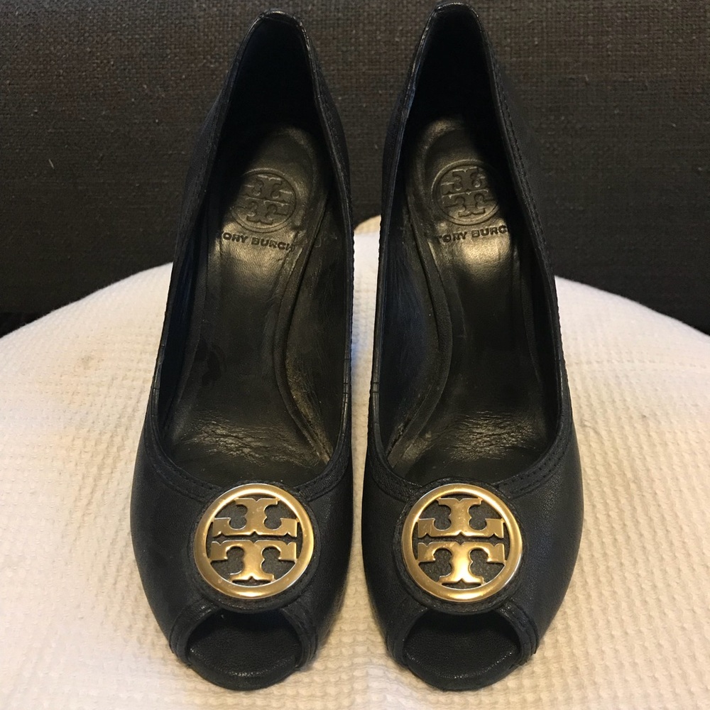 Black Tory Burch wedges with gold logo buckle
